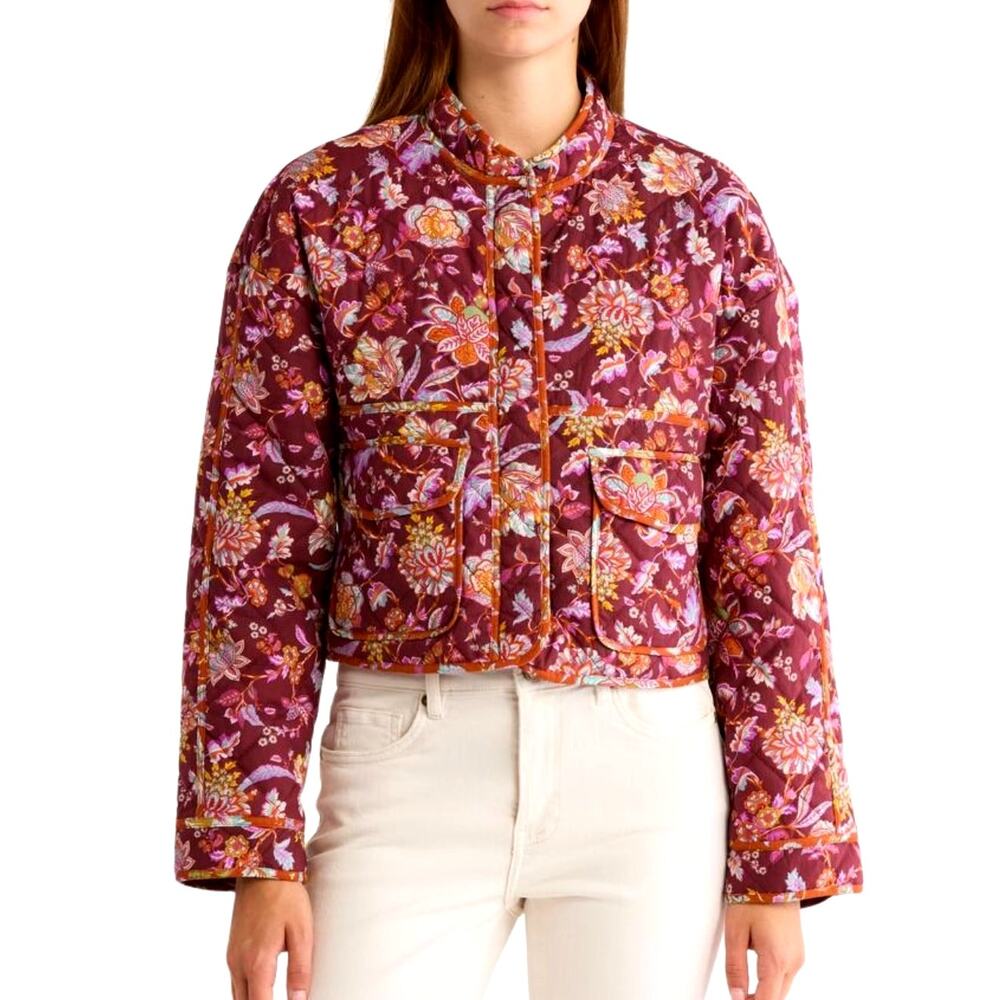 7 For All Mankind Floral Quilted Cropped Barn Jacket Burgundy Cotton Size Small